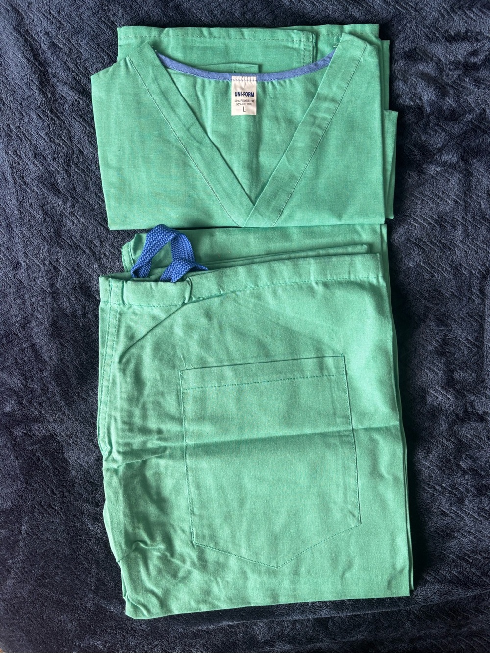 UNIF Men's Green Scrub Pants & Top with Blue Drawstring Accent